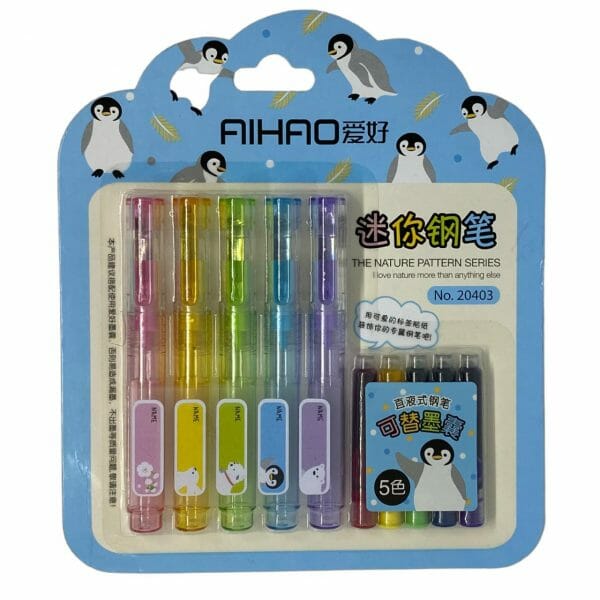 Set de 5 Mini Plumas Tinta de Colores Recambiable Animales