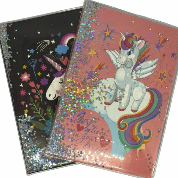 Libreta 100 Hojas Línea Horizontal Tapa Liquida Glitter Unicornio (Elige Diseño)