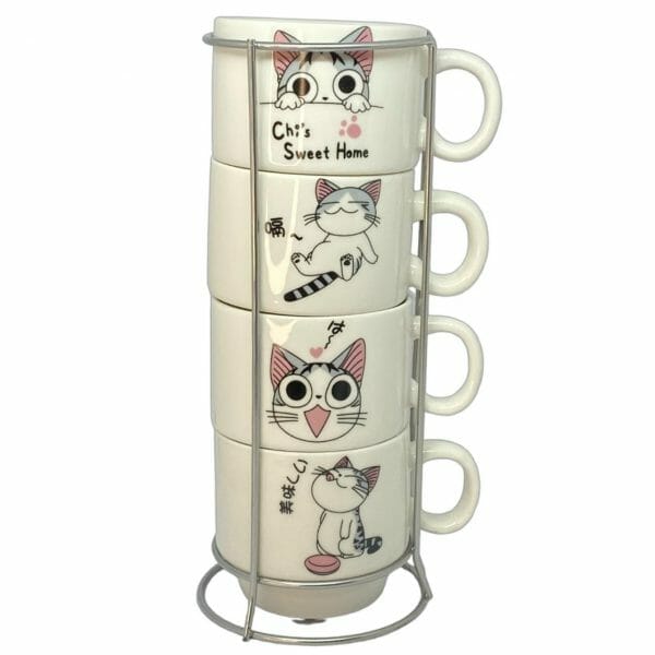 Set de 4 Tazas Gatito Kawaii Con Soporte Aluminio