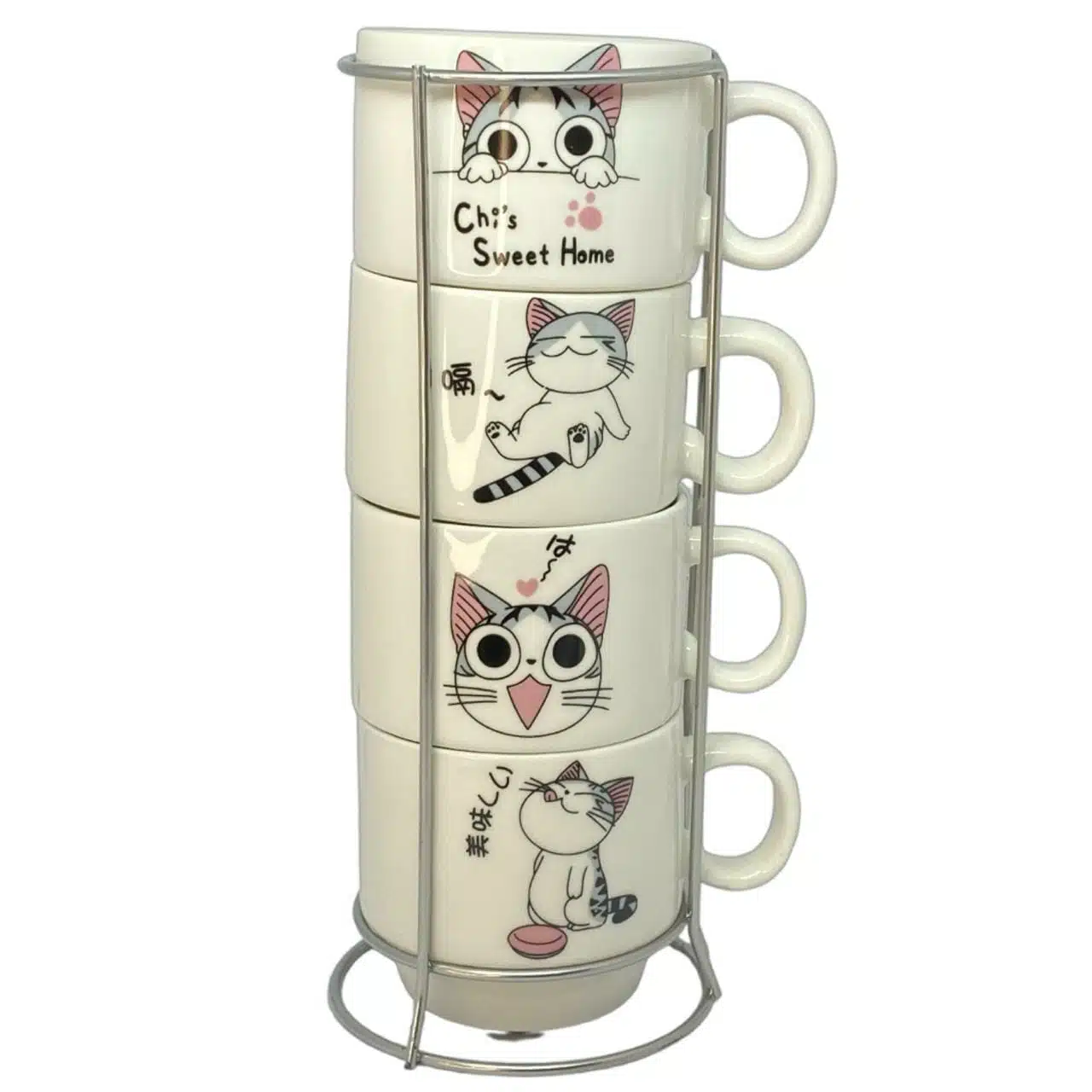 VYT001 Set de 4 Tazas Gatito Kawaii Con Soporte Aluminio - Imagen 1