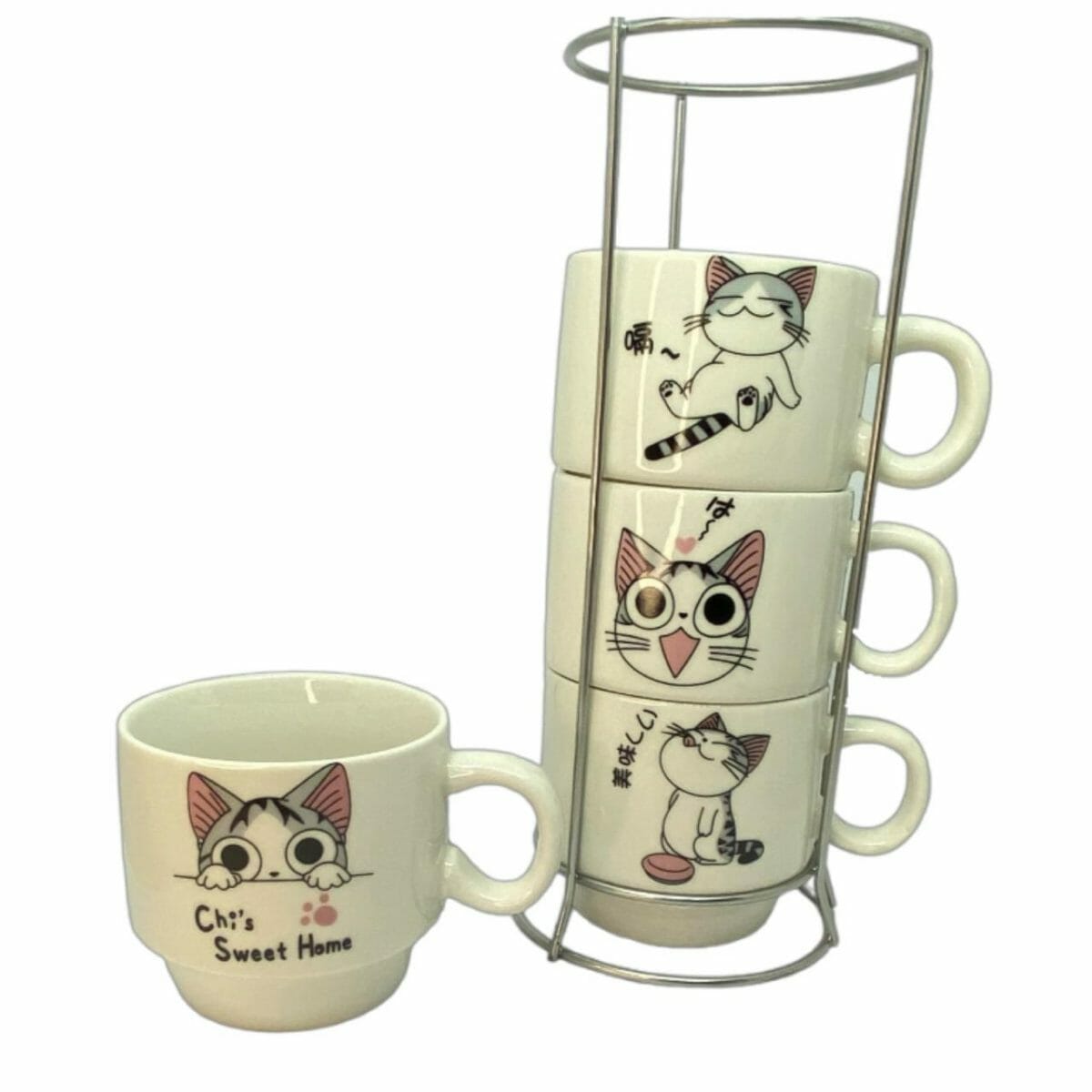 Set de 4 Tazas Gatito Kawaii Con Soporte Aluminio - Imagen 2