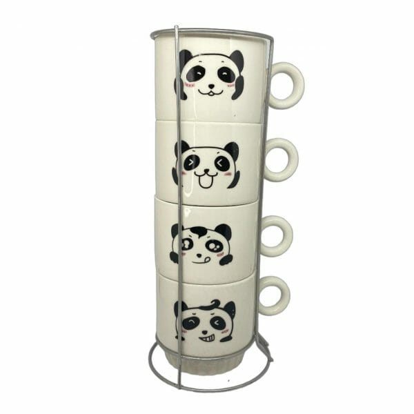 Set de 4 Tazas Panda Kawaii Con Soporte Aluminio