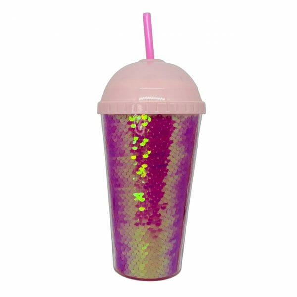 Vaso Acrílico 450ml Lentejuela Rosa con Tapa y Bombilla