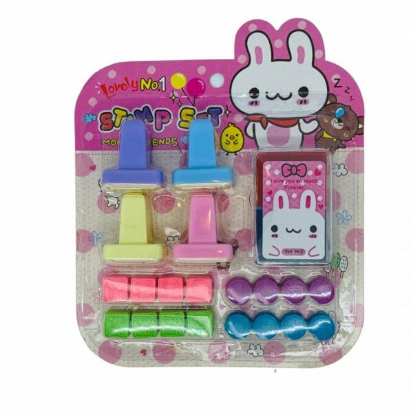 Set de 20 Timbres Diseño de Osito y Conejo + Tinta Azul y Roja