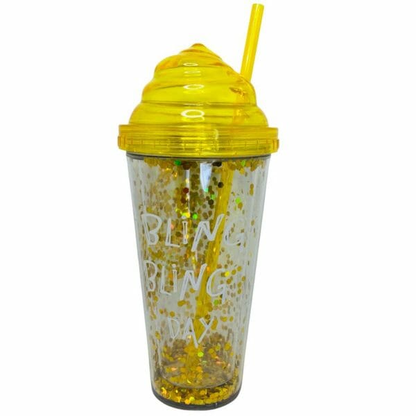 Vaso Acrílico 500ml Diseño de Lentejuelas Doradas con Tapa y Bombilla
