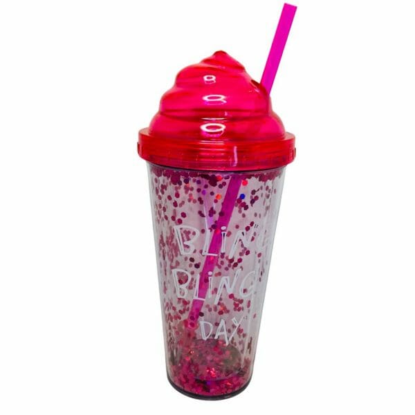 Vaso Acrílico 500ml Diseño de Lentejuelas Fucsia con Tapa y Bombilla