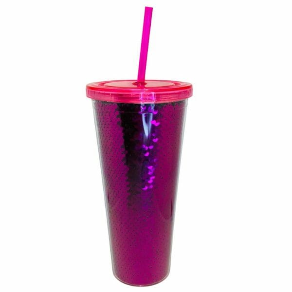 Vaso Acrílico 800ml Diseño de Lentejuelas Fucsia con Tapa y Bombilla