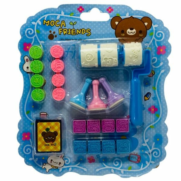 Set de 22 Timbres Diseño de Osito y Conejo + Tinta Azul