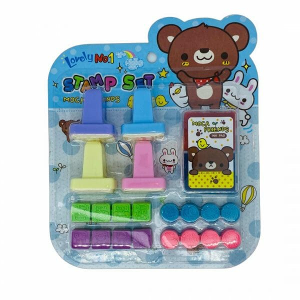 Set de 20 Timbres Diseño de Osito y Conejo + Tinta Azul y Roja