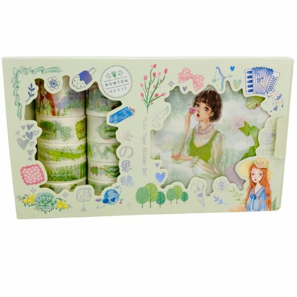 Set de 12 Cintas Washi Tape + 19 Laminas de Stickers Tonos Verdes