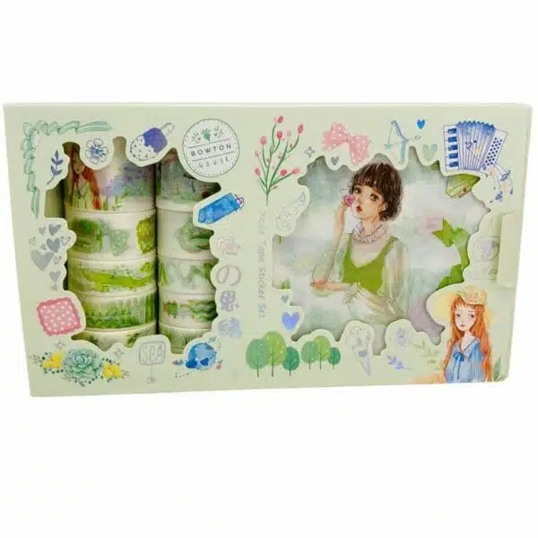 Set de 12 Cintas Washi Tape + 19 Laminas de Stickers Tonos Verdes