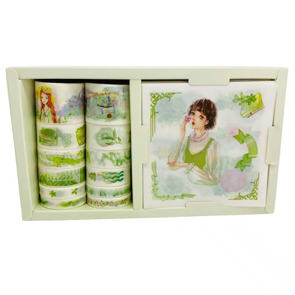 Set de 12 Cintas Washi Tape + 19 Laminas de Stickers Tonos Verdes - Imagen 2