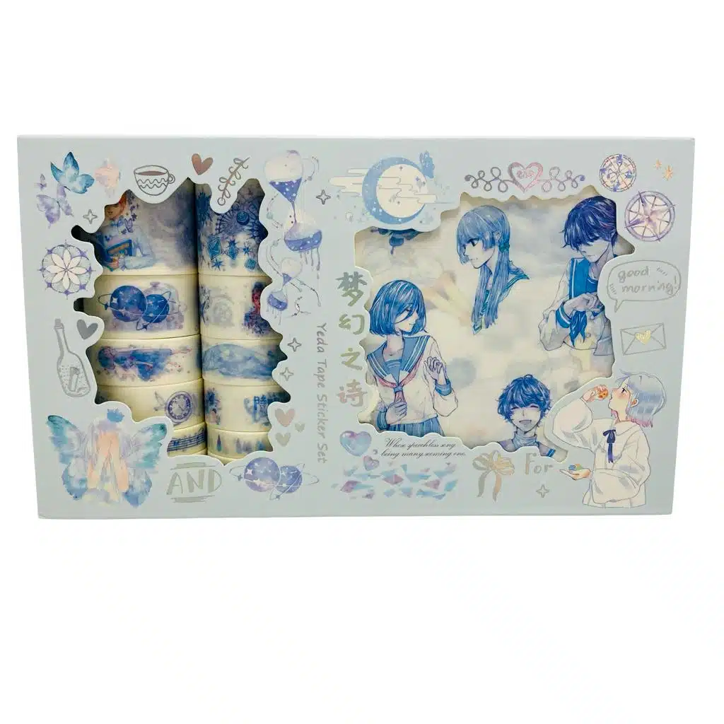 6971419235571 Set de 12 Cintas Washi Tape + 19 Laminas de Stickers Tonos Azules - Imagen 1