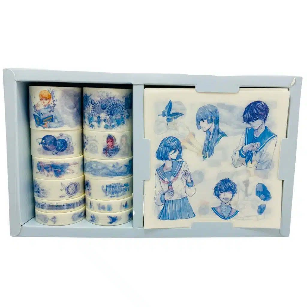 Set de 12 Cintas Washi Tape + 19 Laminas de Stickers Tonos Azules - Imagen 2