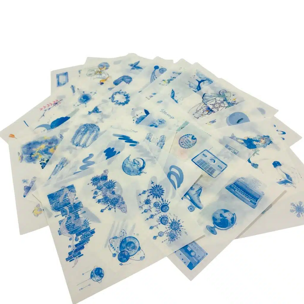 Set de 12 Cintas Washi Tape + 19 Laminas de Stickers Tonos Azules - Imagen 3
