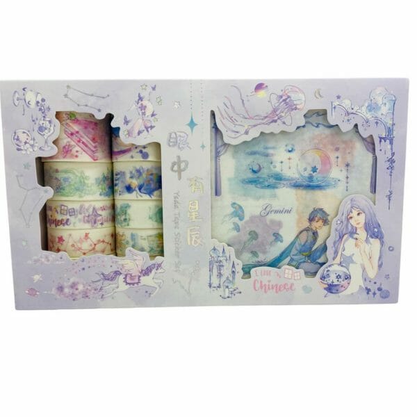 Set de 12 Cintas Washi Tape + 19 Laminas de Stickers Tonos Lilas