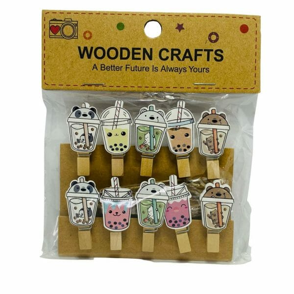 Set de 10 Clips de Madera Decorativos Diseño de Vasitos Kawaii