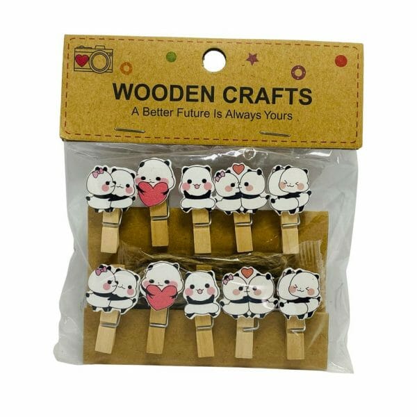Set de 10 Clips de Madera Decorativos Diseño Panda Enamorado