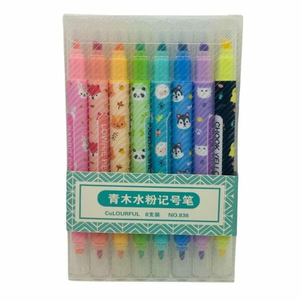 Set de 8 Destacadores Doble Punta Tonos Pasteles Diseño de Animales