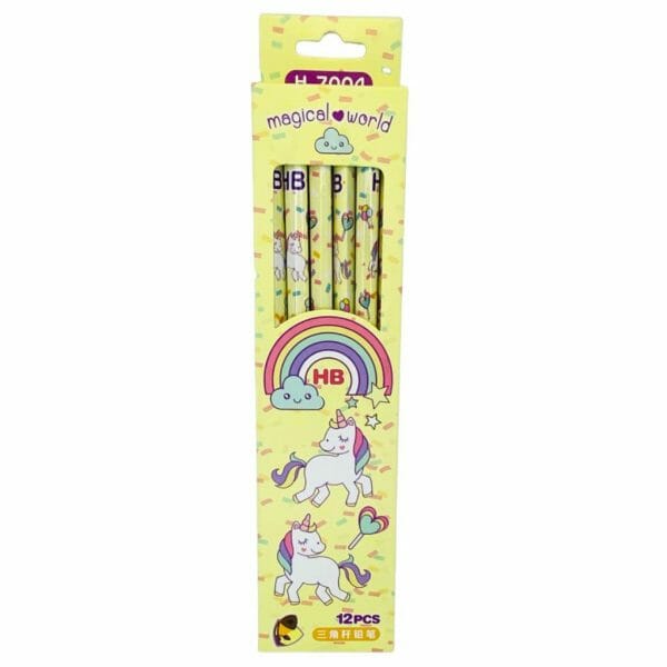 Set de 12 Lápices Grafito HB con Goma de Borrar Diseño de Unicornio Amarillo