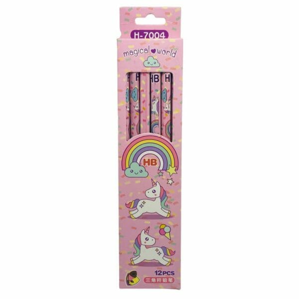 Set de 12 Lápices Grafito HB con Goma de Borrar Diseño de Unicornio Arcoíris