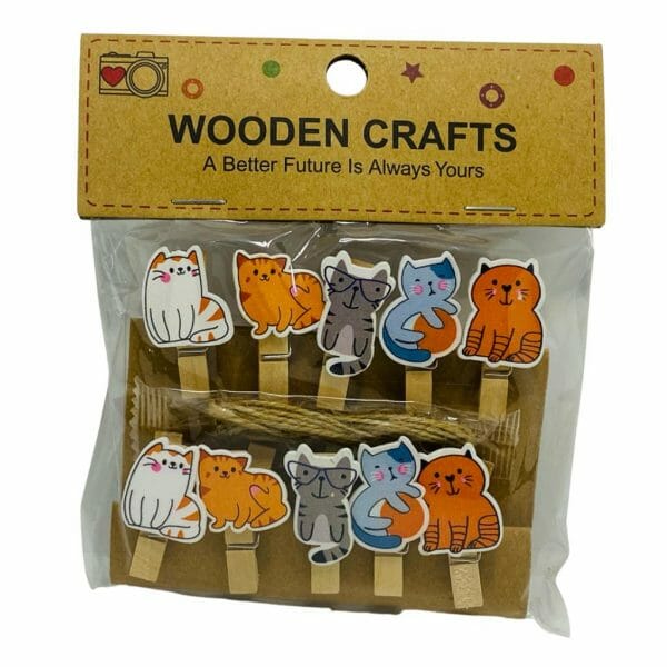 Set de 10 Clips de Madera Decorativos Diseño de Gatitos Naranjos