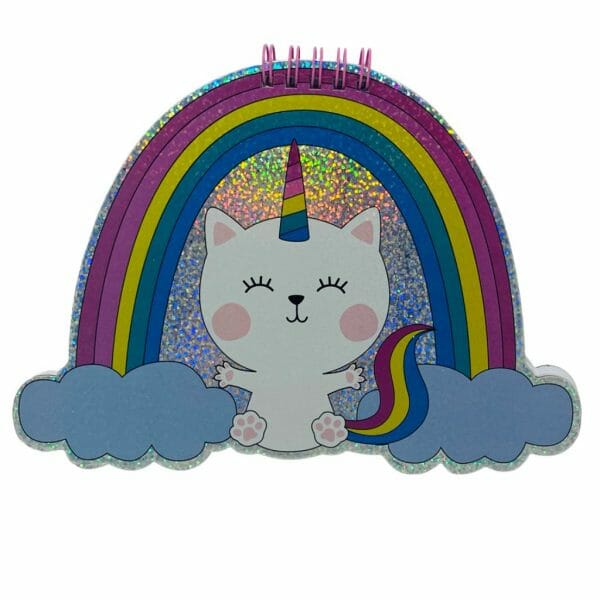 Libreta 50 Hojas Lisas Forma de Arcoíris Diseño de Gatito Unicornio