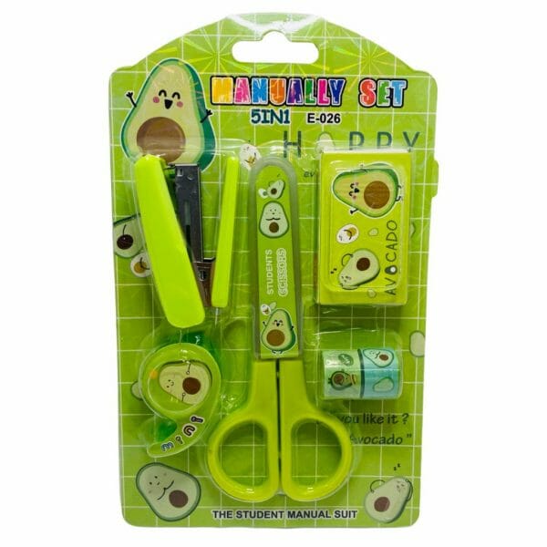 Set Mini de Oficina Diseño de Palta Incluye Corchetera + Corchetes + Tijeras + 2 Cintas Washi Tape + Porta Cintas