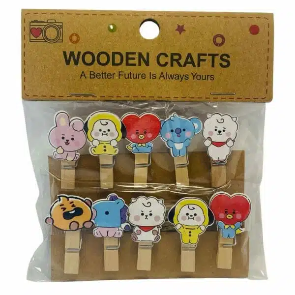 Set de 10 Clips de Madera Decorativos Diseño BT21
