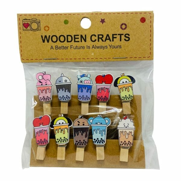 Set de 10 Clips de Madera Decorativos Diseño Personajes BT21 Vasito