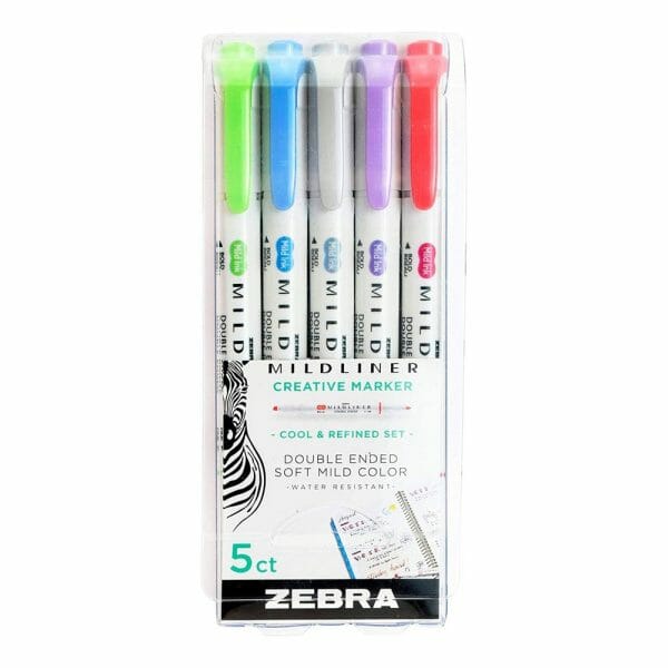 Set de 5 Destacadores Colores Fríos Doble Punta Mildliner Creative Marker Zebra