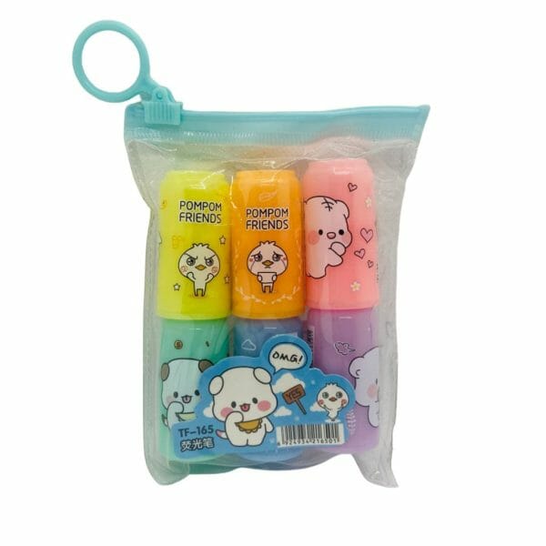 Set de 6 Mini Destacadores Diseño Pompom Friends Tonos Fluorescentes
