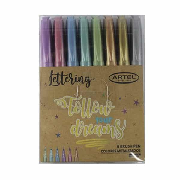 Set de 8 Lápices Punta Pincel Metalizados Lettering Artel