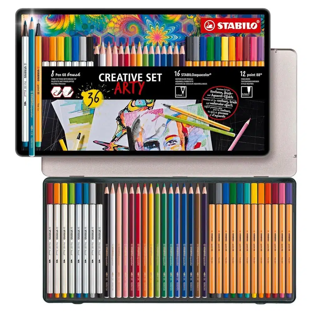 Caja Metálica 36 Creative Set Arty Stabilo (8 Pen 68 Brush + 16 Aquacolor + 12 Point 88) - Imagen 2