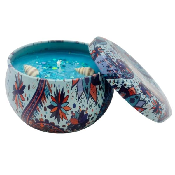 Vela 6cm Celeste Aroma Marino con Conchitas y Glitter