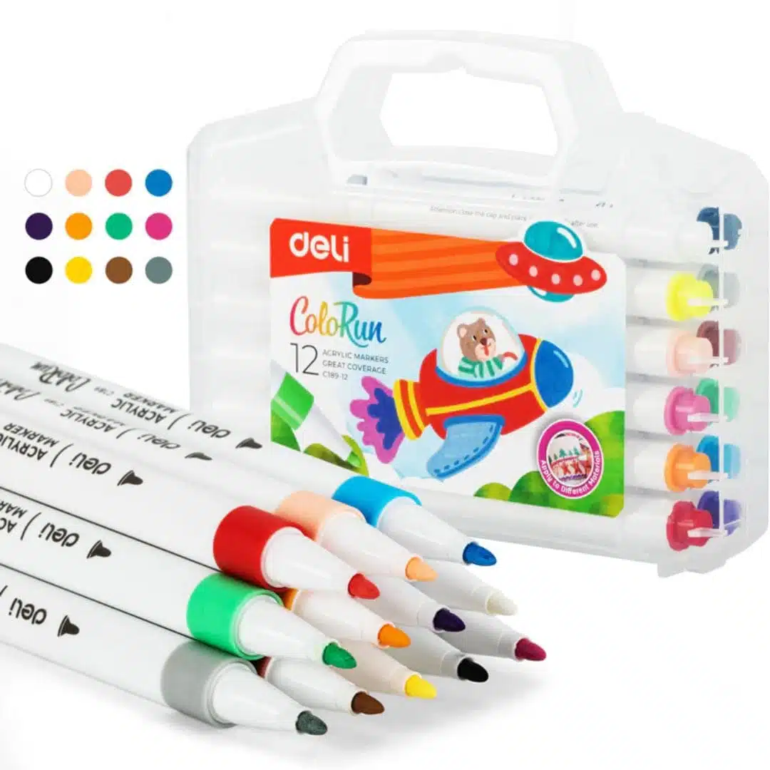 6942233634260 (1) Set 12 Marcadores Acrílicos Punta Fina 1.0mm Colorun Deli - Imagen 1